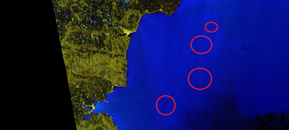 Сателитна карта на Черно море в синьо с червено очертани участъци