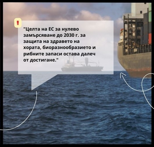 Графика с цитат: „Целта на ЕС за нулево замърсяване до 2030 г. за защита на здравето на хората, биоразнообразието и рибните запаси остава далеч от достигане.“