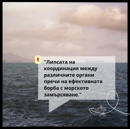 Графика с цитат: „Липсата на координация между различните органи пречи на ефективната борба с морското замърсяване.“